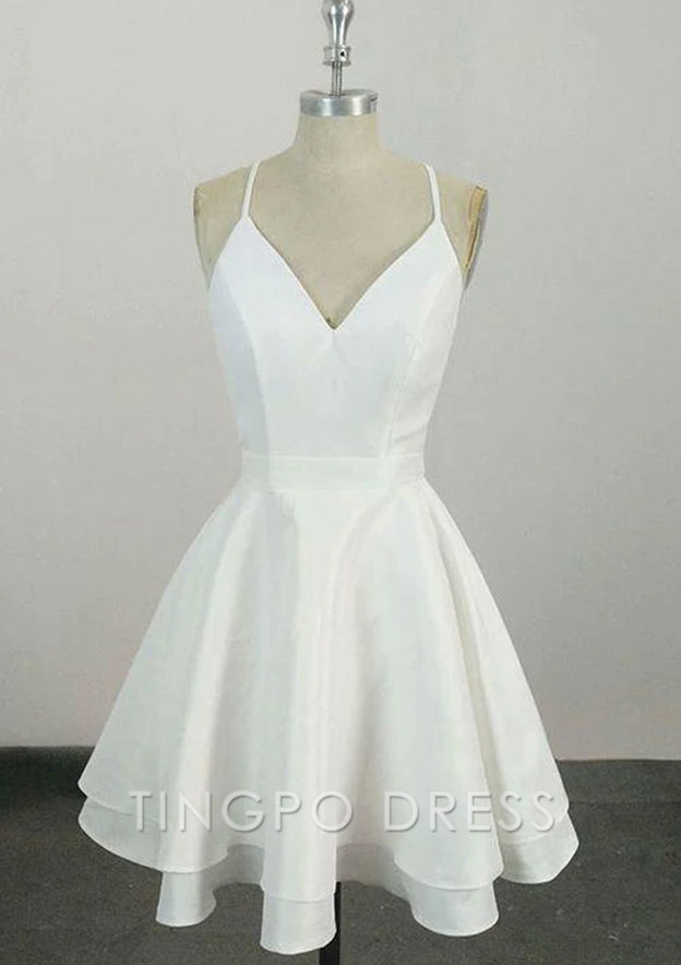TingPo Wholesale A-line V Neck Sleeveless Satin Short/Mini Homecoming Dress With Lace